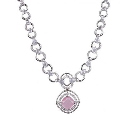 Women's Brass Silver Plated Necklace set (Pink)