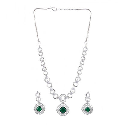 Women's Brass Silver Plated Necklace set (Green)