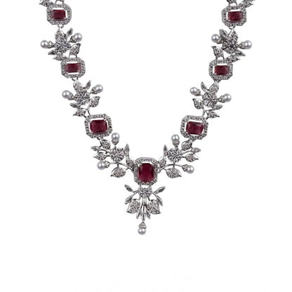 Women's Brass Silver Plated Necklace set (Red)