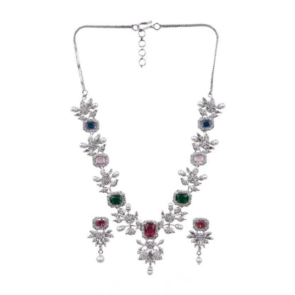 Women's Brass Silver Plated Necklace set (Multicolor)