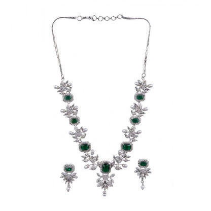 Women's Brass Silver Plated Necklace set (Green)