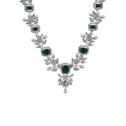 Women's Brass Silver Plated Necklace set (Green)