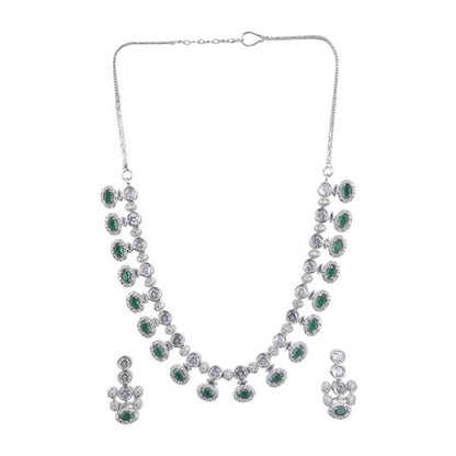 Women's Brass Silver Plated Necklace set (Green)