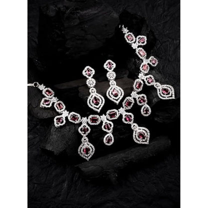 Women's Brass Silver Plated Necklace set (Red)