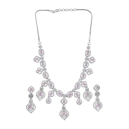Women's Brass Silver Plated Necklace set (Pink)