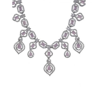 Women's Brass Silver Plated Necklace set (Pink)