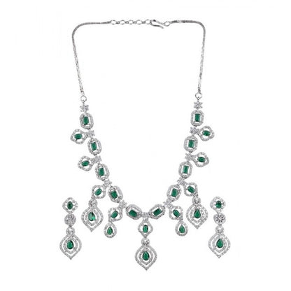 Women's Brass Silver Plated Necklace set (Green)