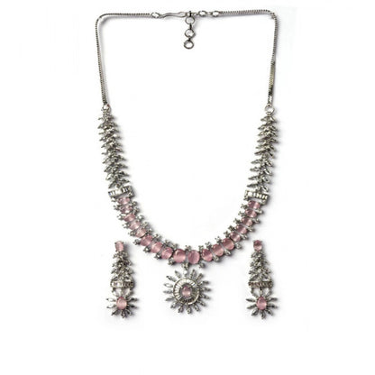 Women's Brass Silver Plated Necklace set (Pink)