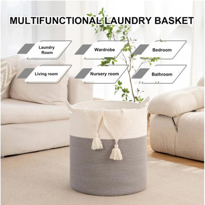 Cotton 12x14 Inch-1 Pcs Storage Basket For Clothes With Out Lid (Gray-White)