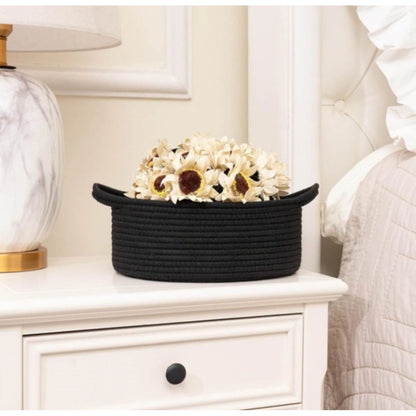Cotton 8x3 Inch Round Bedside Organizer With Out Lid (Black)