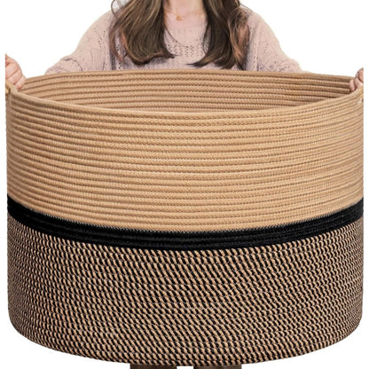 Cotton Dori 16x14 Inch Storage Basket For Clothes With Out Lid (Beige-Beige-Black)