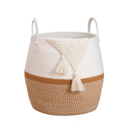 Cotton Matka With Handle 14x12 Inch Storage Basket For Clothes With Out Lid (Beige-White)