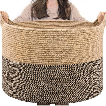 Cotton Pack Of_1 16x14 Inch Storage Basket For Clothes With Out Lid (Beige-Beige-Black)