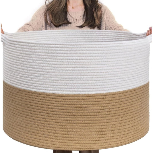 Cotton Pack Of_1 16x14 Inch Storage Basket For Clothes With Out Lid (Beige-White)