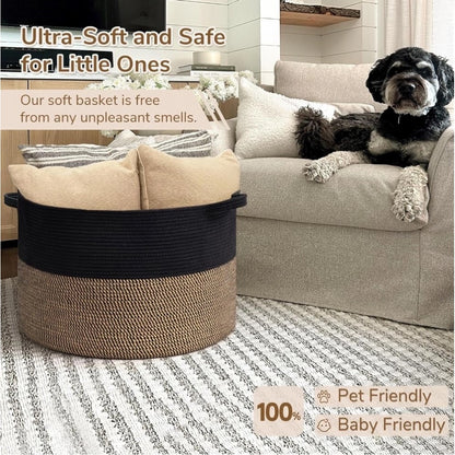Cotton Pack Of_1 16x14 Inch Storage Basket For Clothes With Out Lid (Black-Beige-Black)