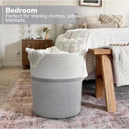 Cotton Pack Of_1 12x14 Inch Storage Basket For Clothes (Grey-White)