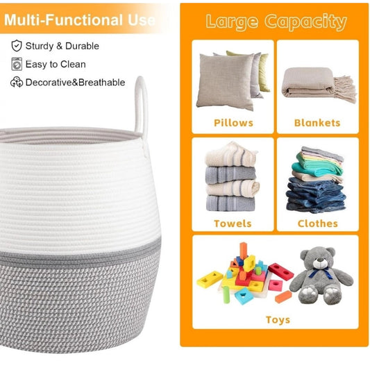 Cotton Matka With Handle 14x12 Inch Storage Basket For Clothes With Out Lid (Gray-White)
