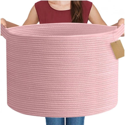 Cotton Pack Of_1 14x12 Inch Storage Basket For Clothes With Out Lid (Pink)