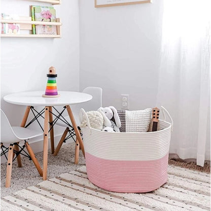 Cotton Pack Of_1 14x12 Inch Laundry Storage Basket For Clothes (Pink-White)