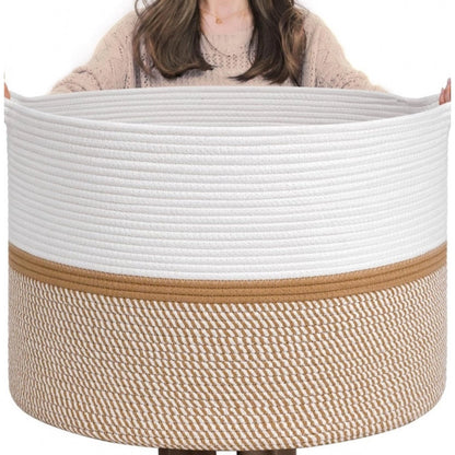 Cotton Dori 16x14 Inch Storage Basket For Clothes With Out Lid (White-Beige-White)