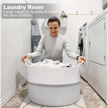 Cotton Dori 16x14 Inch Storage Basket For Clothes With Out Lid (White-Gray-White)