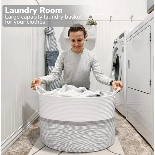 Cotton Dori 16x14 Inch Storage Basket For Clothes With Out Lid (White-Gray-White)
