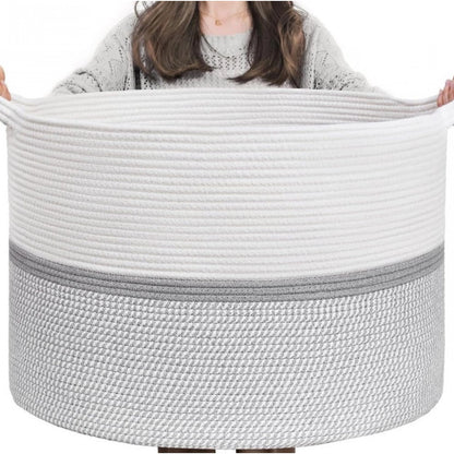 Cotton Dori 16x14 Inch Storage Basket For Clothes With Out Lid (White-Gray-White)