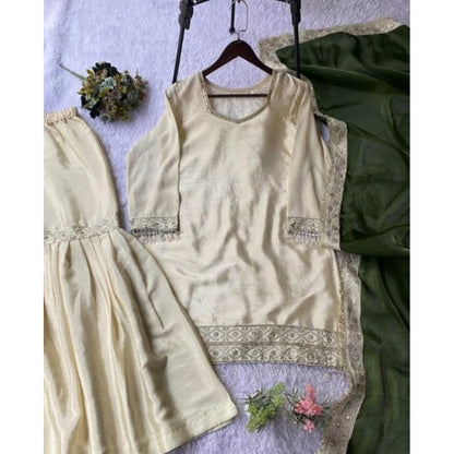 Women's Silk Embroidered 3/4th Sleeve V-Neck Kurti With Sharara Pant and Dupatta Set (Cream &amp; Green)