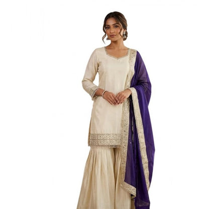 Women's Silk Embroidered 3/4th Sleeve V-Neck Kurti With Sharara Pant and Dupatta Set (Cream &amp; Purple)
