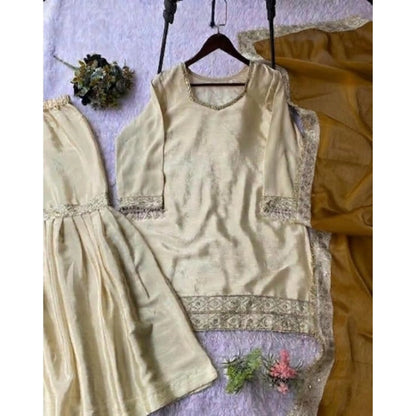 Women's Silk Embroidered 3/4th Sleeve V-Neck Kurti With Sharara Pant and Dupatta Set (Cream &amp; Yellow)