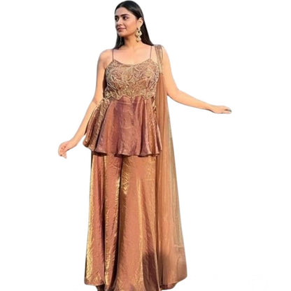 Women's Silk Embroidered Sleeveless Round Kurti With Palazzo Pant and Dupatta Set (Brown)