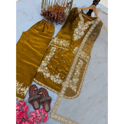 Women's Silk Embroidered 3/4th Sleeve Round Kurti With Palazzo Pant and Dupatta Set (Gold)