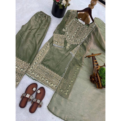 Women's Silk Embroidered 3/4th Sleeve Round Kurti With Sharara Pant and Dupatta Set (Green)