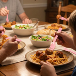Pink plastic fork spoon in a kitchen setting.