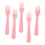 Stack of pink plastic fork spoons, highlighting reusability.