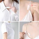 Adhesive lingerie tape securing deep neck outfit