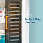 Kitchen cabinet with hooks holding utensils and towels