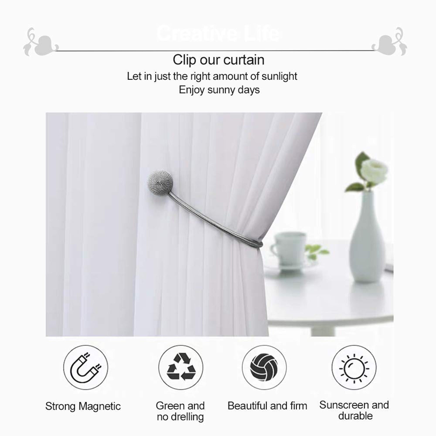 Magnetic curtain holdback with its two magnetic balls snapped together.