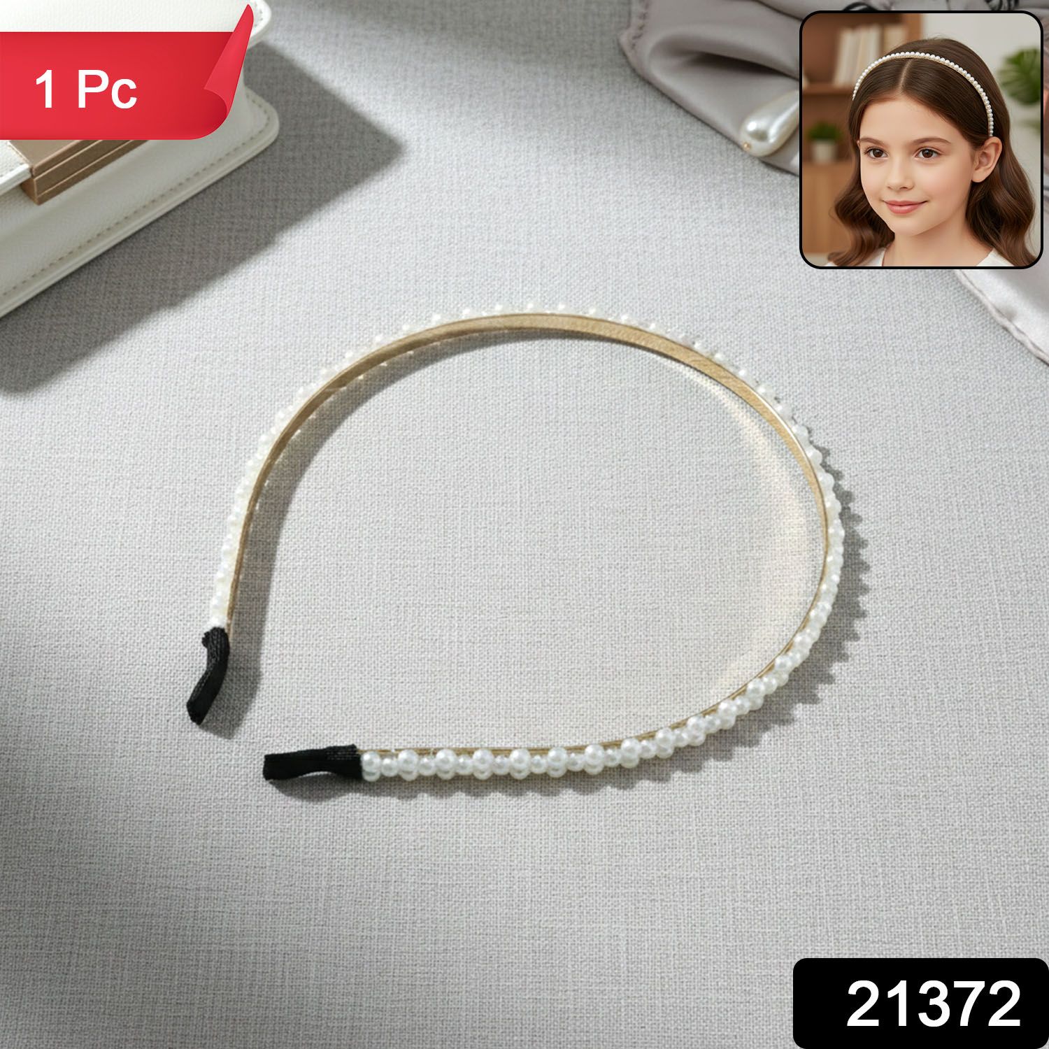 Elegant Pearl Beaded Slim Golden Metal Hair Band (1 Pc)