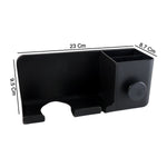 Side view of wall mounted hair dryer holder with multipurpose organizer