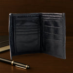 Close-up of stitching detail on genuine leather slim bi-fold wallet