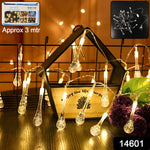 Warm white LED fairy lights with crystal water drop design for decoration.