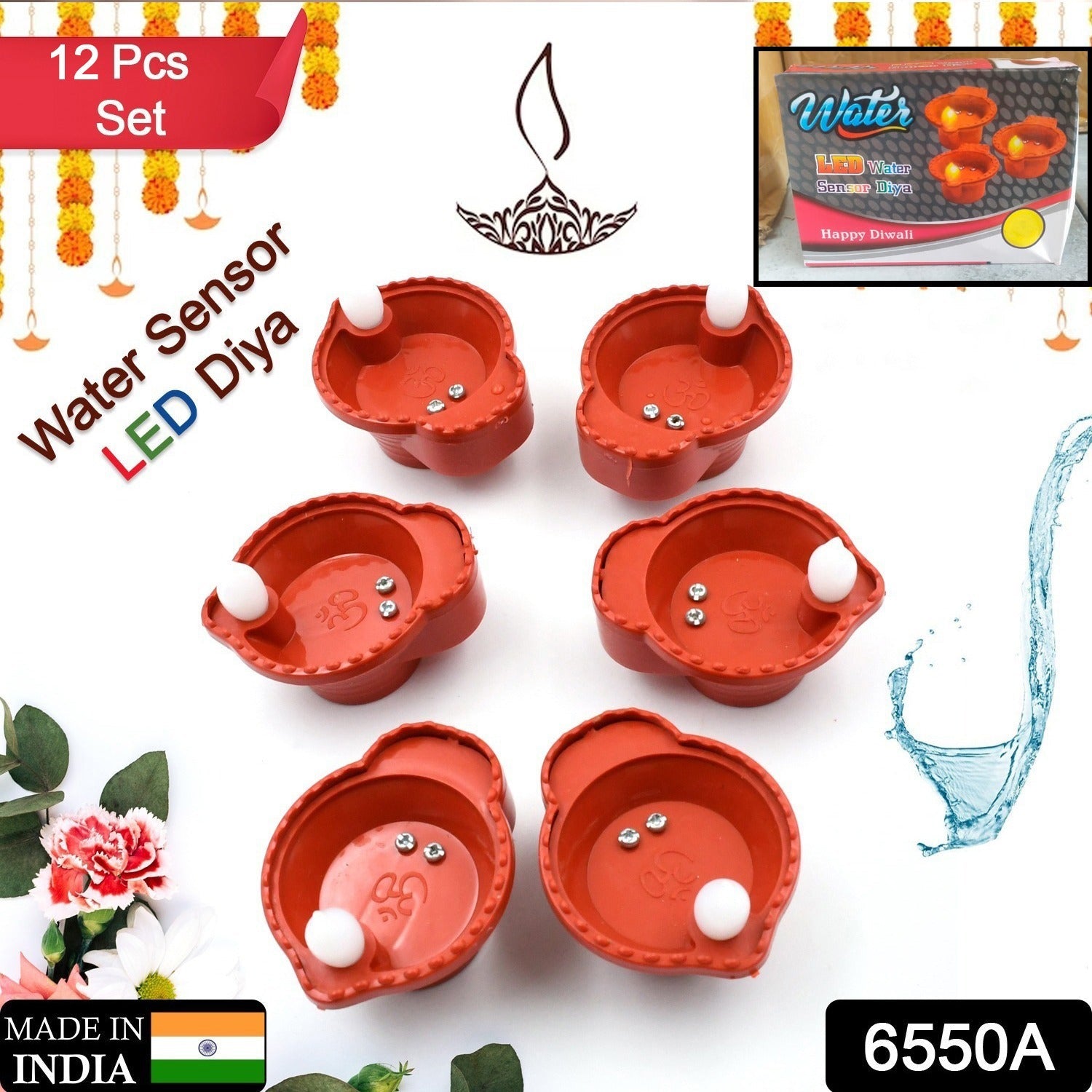 Close-up of a single water-activated diya illuminating with a water drop.