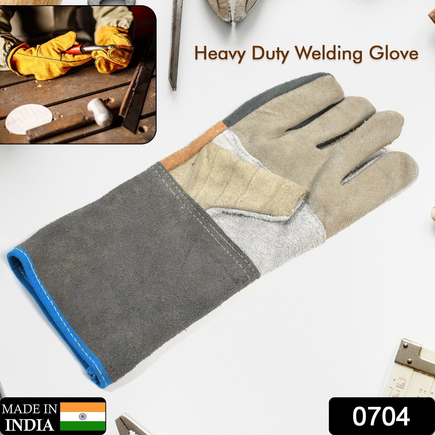 Close-up of the robust kevlar stitching on heat-resistant welding gloves.