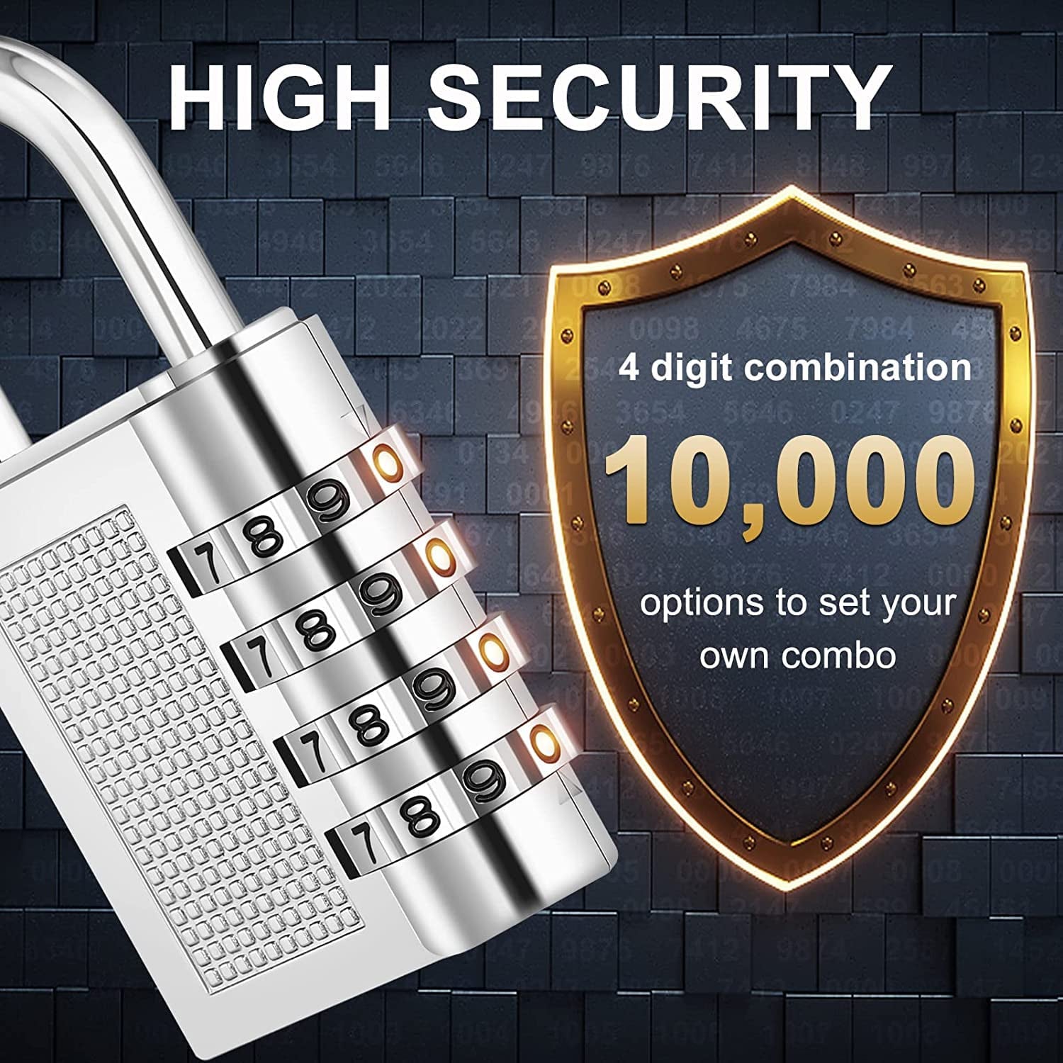Resettable 4-digit padlock securing travel luggage and suitcases