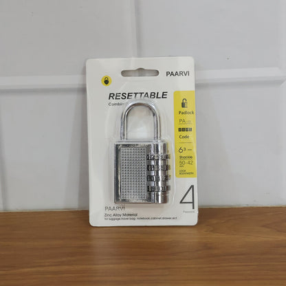 Resilient combination padlock shown in home and office setting