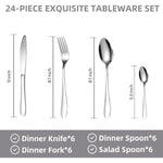 Size comparison chart for 24 Pc stainless steel polished cutlery set