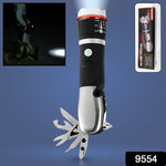 Close-up of the multi-tool LED flashlight showing its robust design.