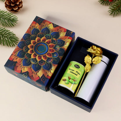 Luxury designer gift box packaging for kesar pista almonds hamper.