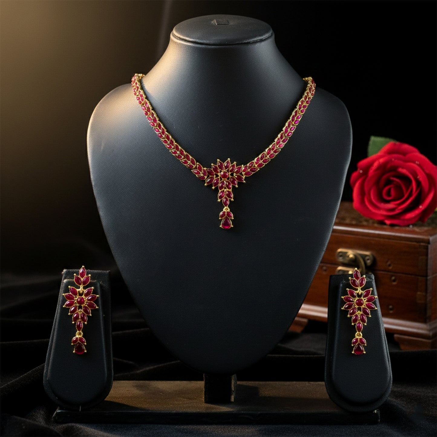 Traditional Floral Motif Necklace & Earring Jewelry Set – 2 Piece Set